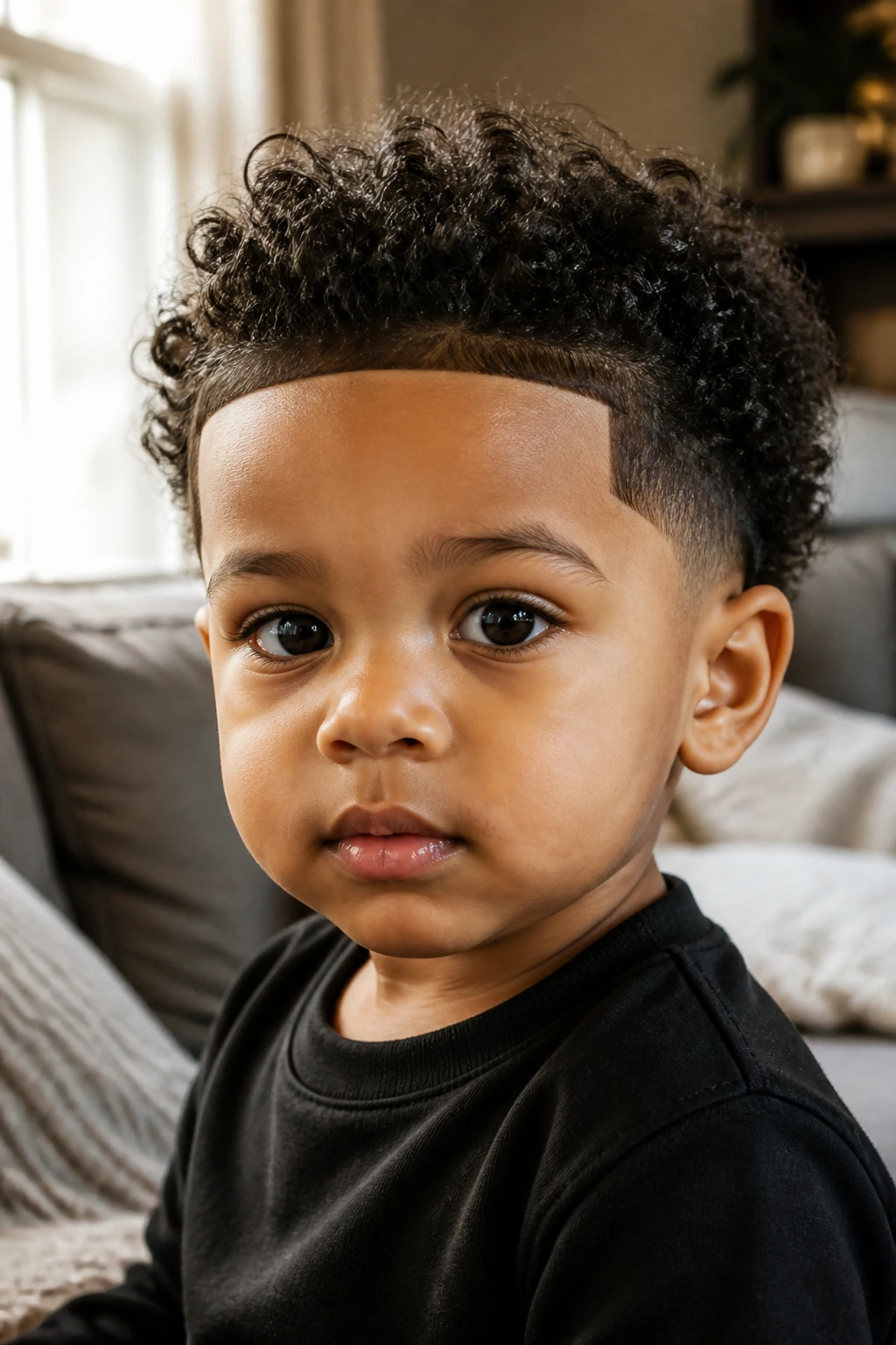 Close-up of a toddler with curls and a shape-up along the hairline in warm home light