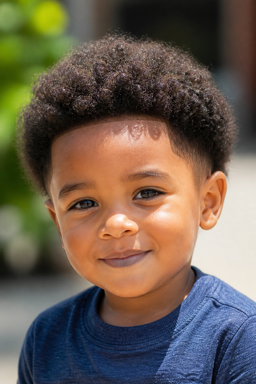 Close-up of a toddler boy with a softly shaped rounded afro variant in natural light.