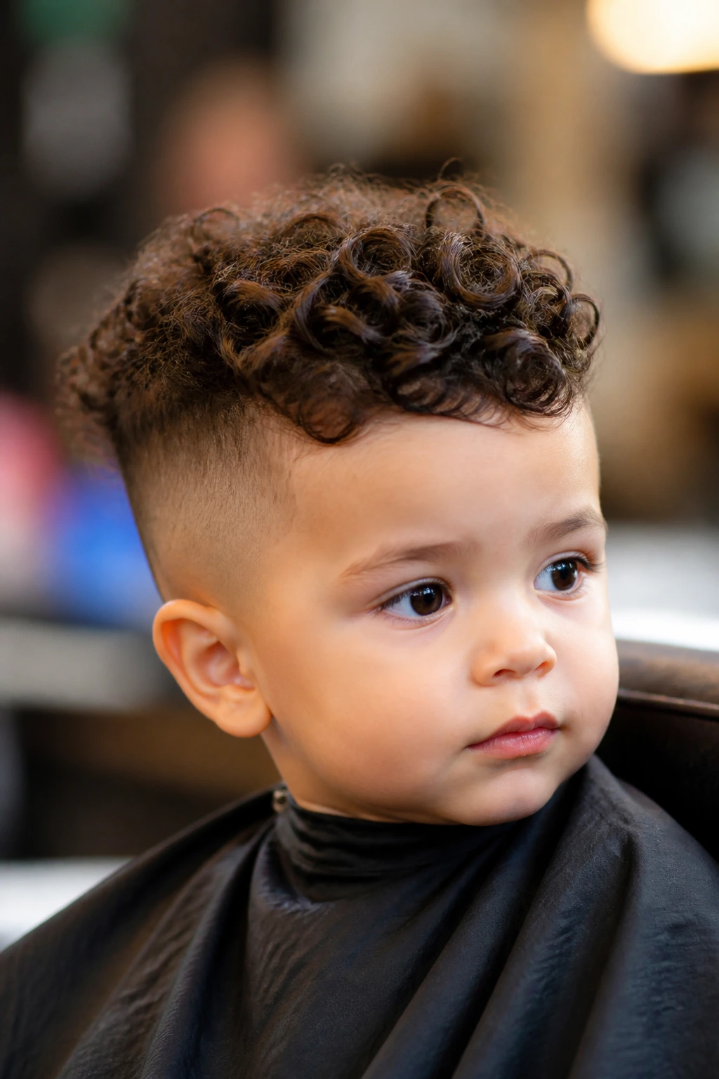 Close-up of toddler boy with curly undercut and bold top