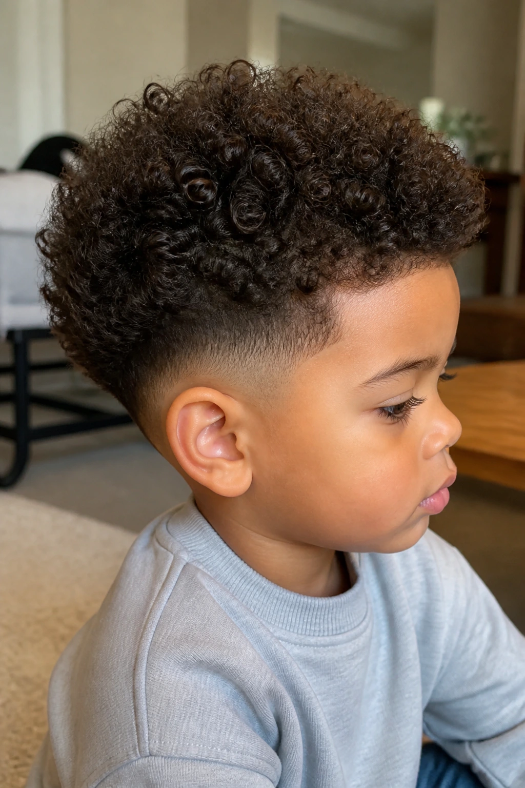 Close-up of toddler boy with drop fade and voluminous top