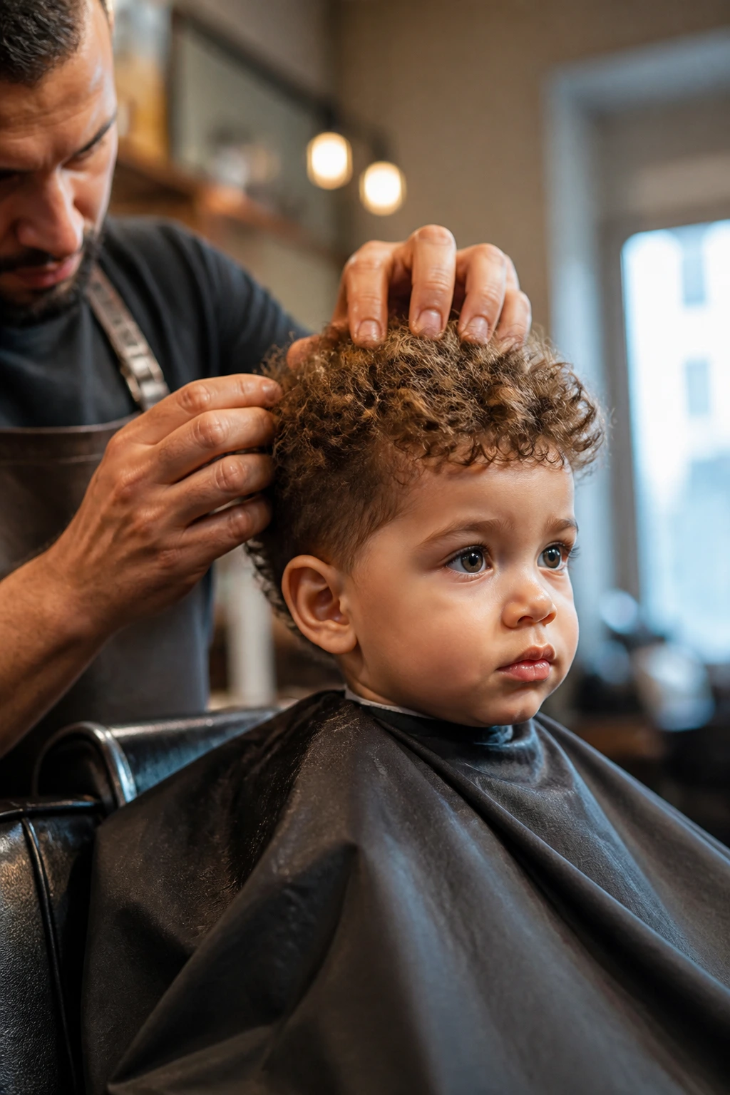 Toddler in barber chair getting a curly haircut