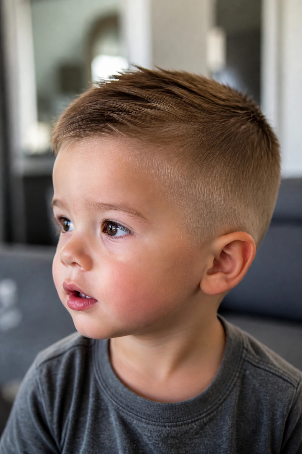 Close-up of a toddler's neat, practical haircut in a cozy home setting