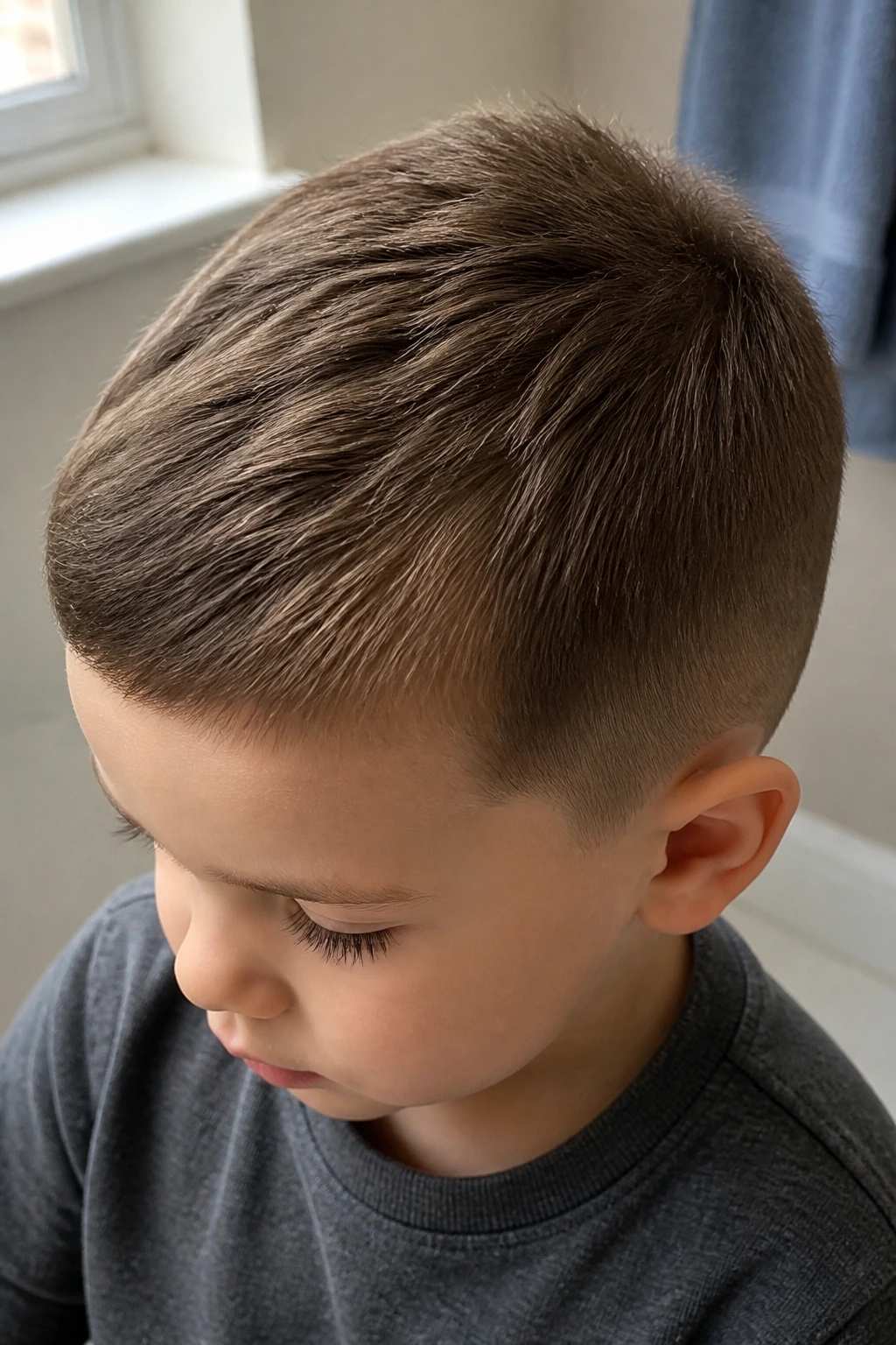 Close-up of a toddler boy's head with a short neatly edged haircut that grows out well in warm natural light