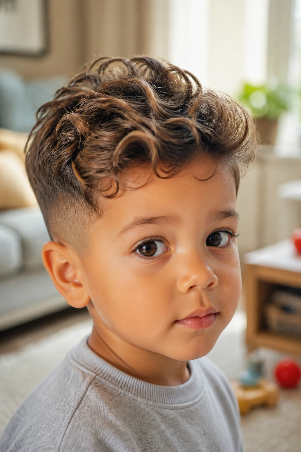 Close-up of a toddler boy with longer top and loose waves in a cozy living room