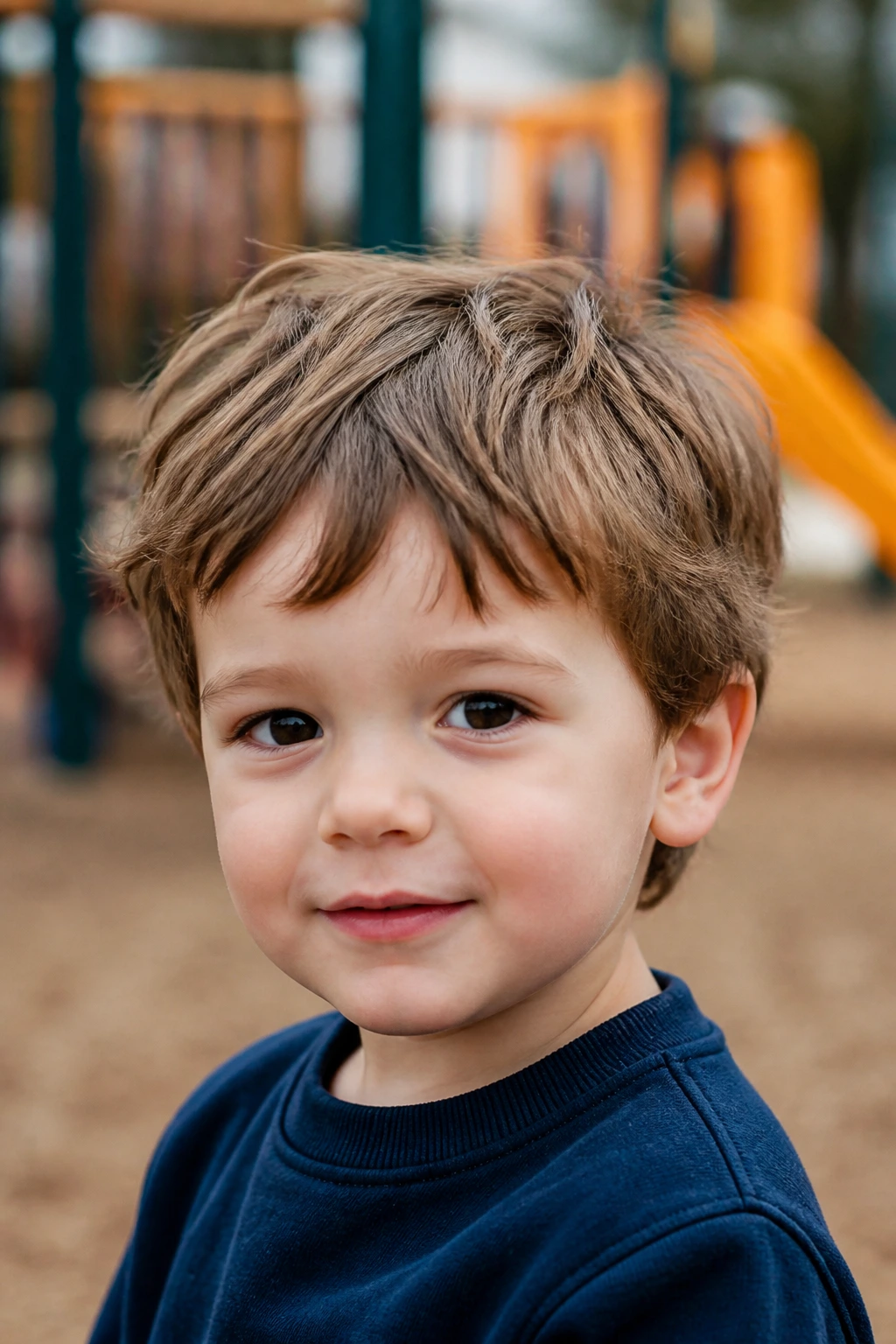 Portrait of real toddler boy with shag crop hairstyle in playground light