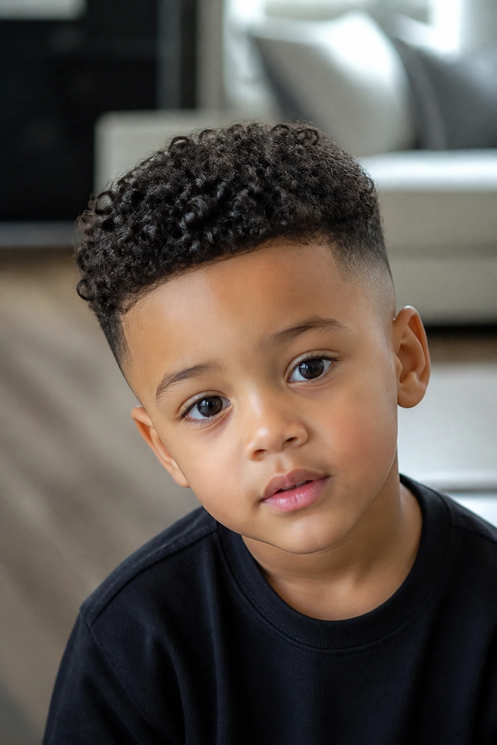 Close-up of toddler boy with sponge-defined coils on top
