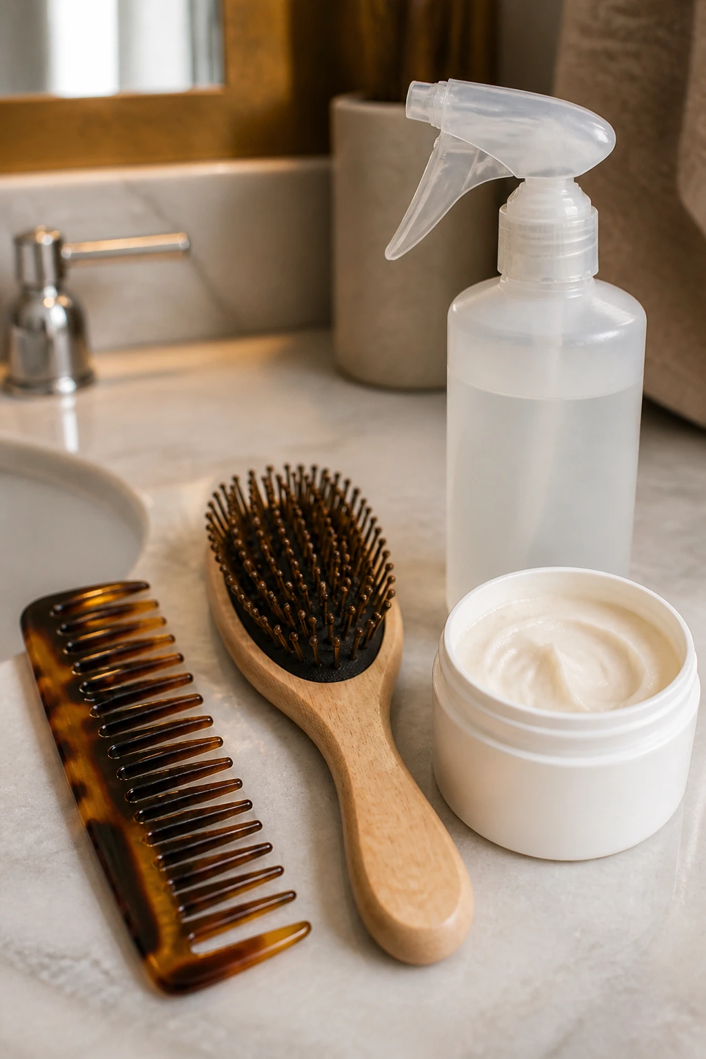 Tools for curly toddler hairstyles laid out on a counter
