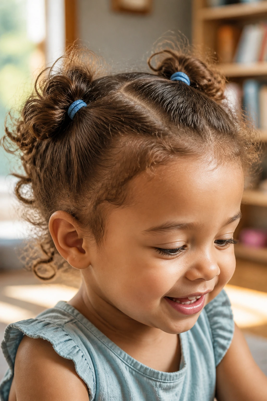 Toddler with a soft version curly hairstyle and minimal accessories
