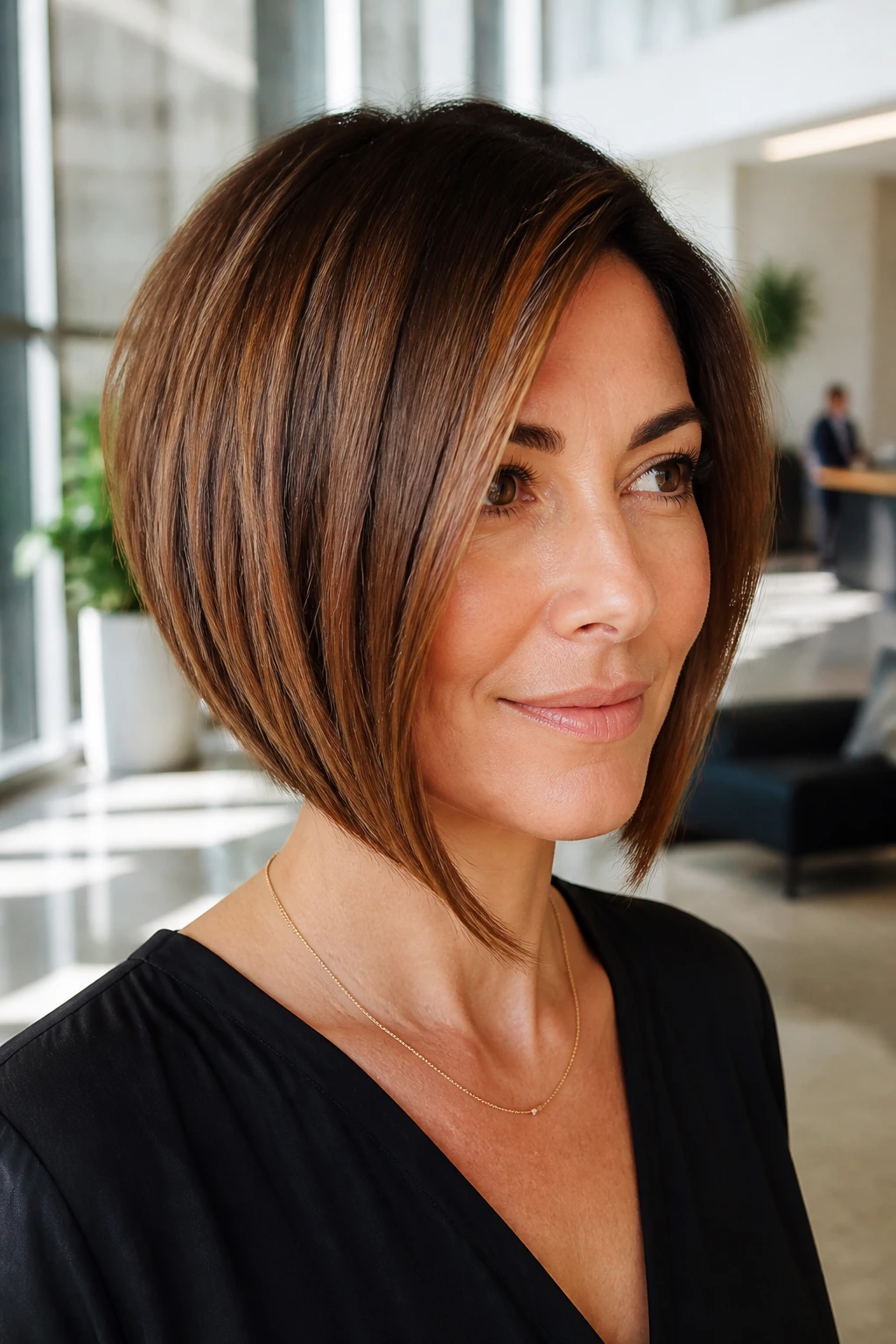 Real woman with toffee angled bob in bright natural light