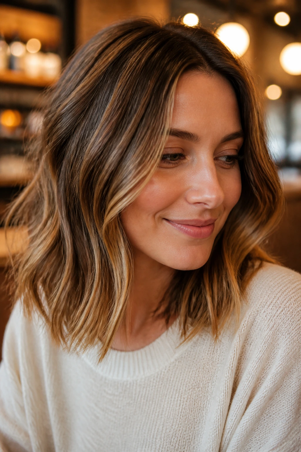 Shoulder-length hair with toffee babylights in warm lighting