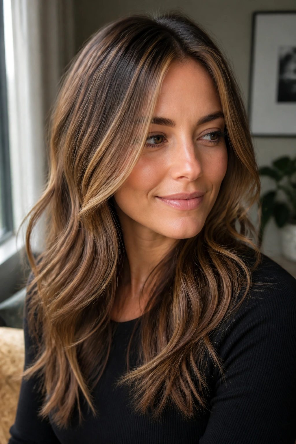 Close-up portrait of a real woman with toffee babylights on brunette hair