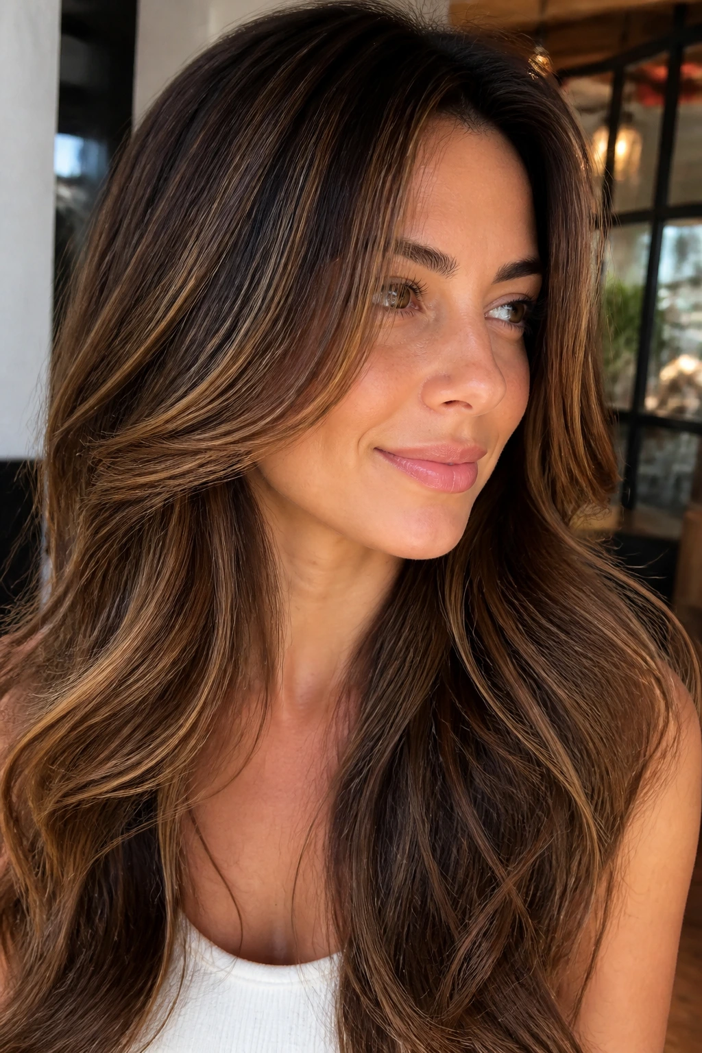 Long brunette with tiny toffee babylights through layers