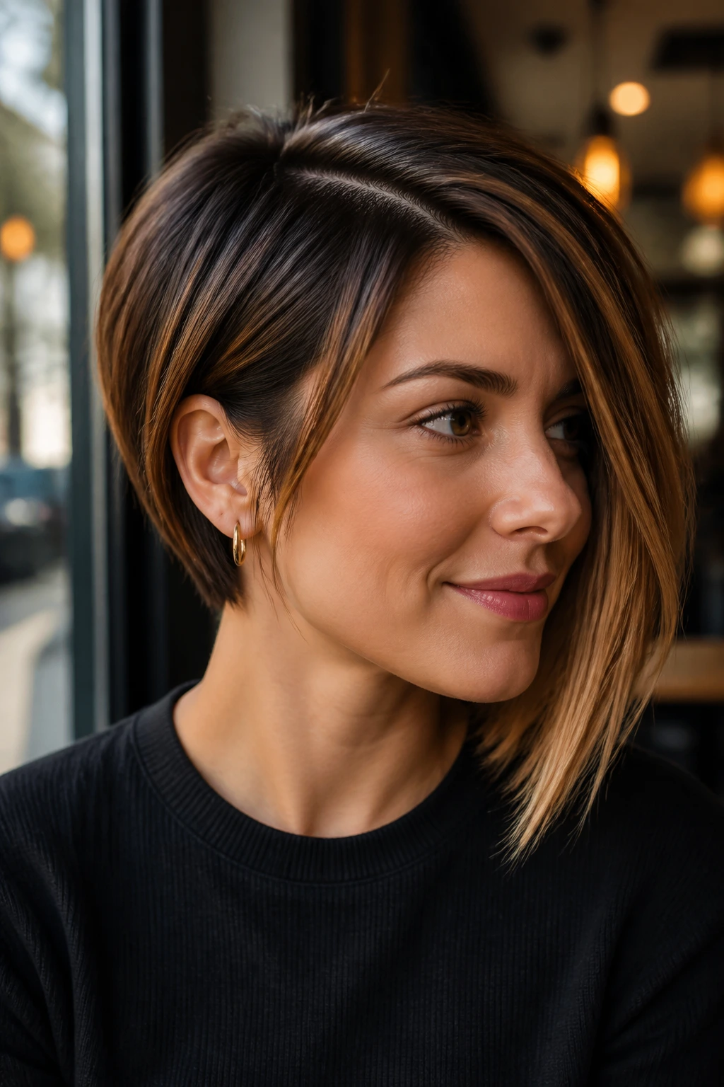 Close-up portrait of a real person with asymmetrical bob and toffee balayage.