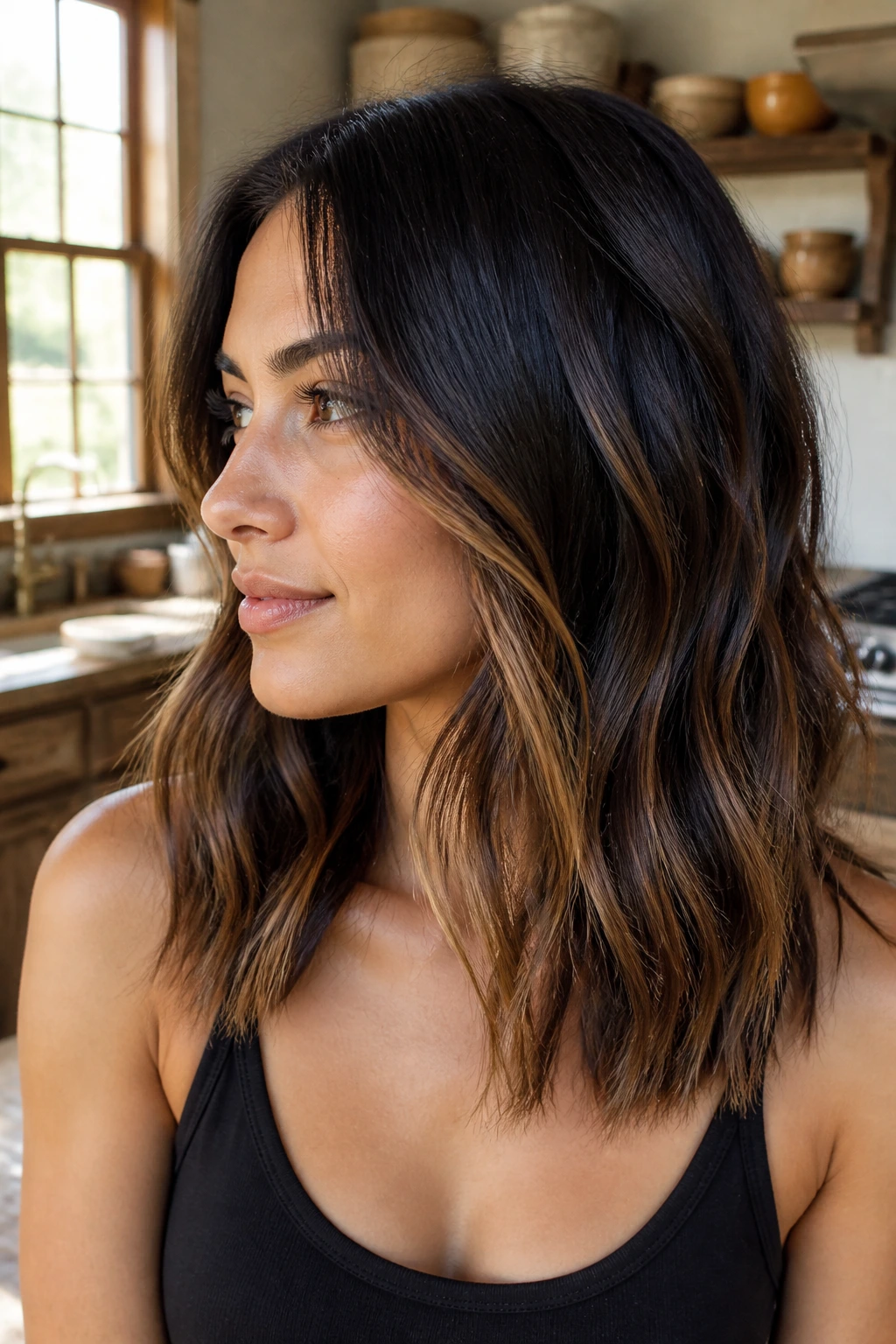 Close-up of black hair with toffee balayage