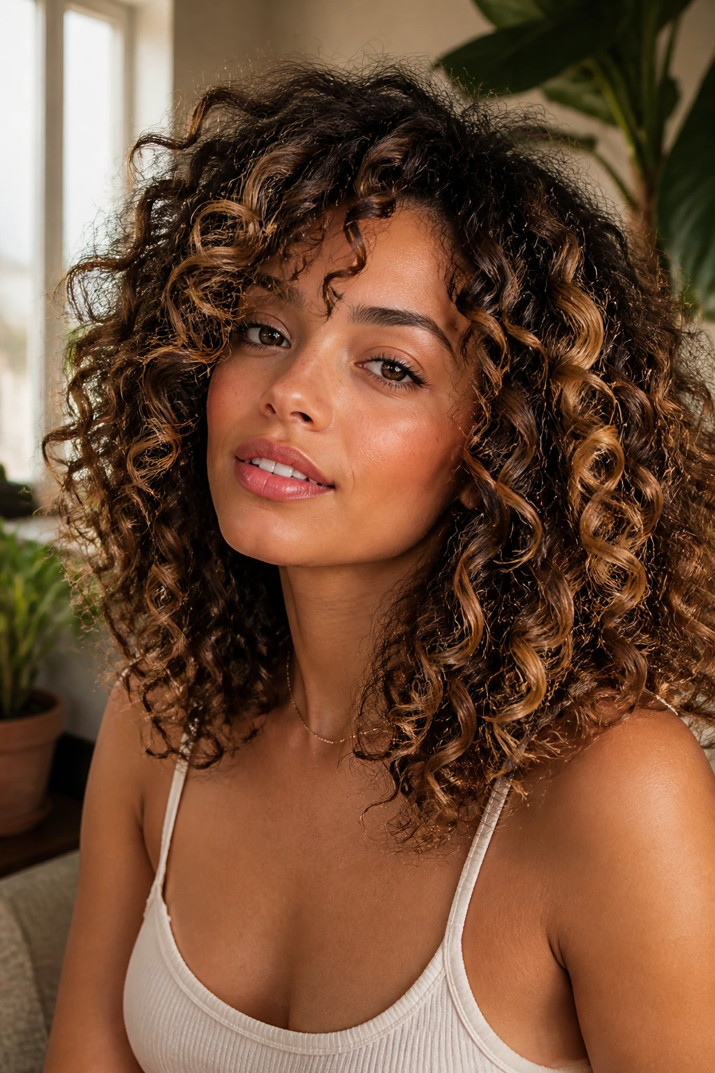 Close-up of a person with toffee balayage on curly hair showing curl-aware placement.