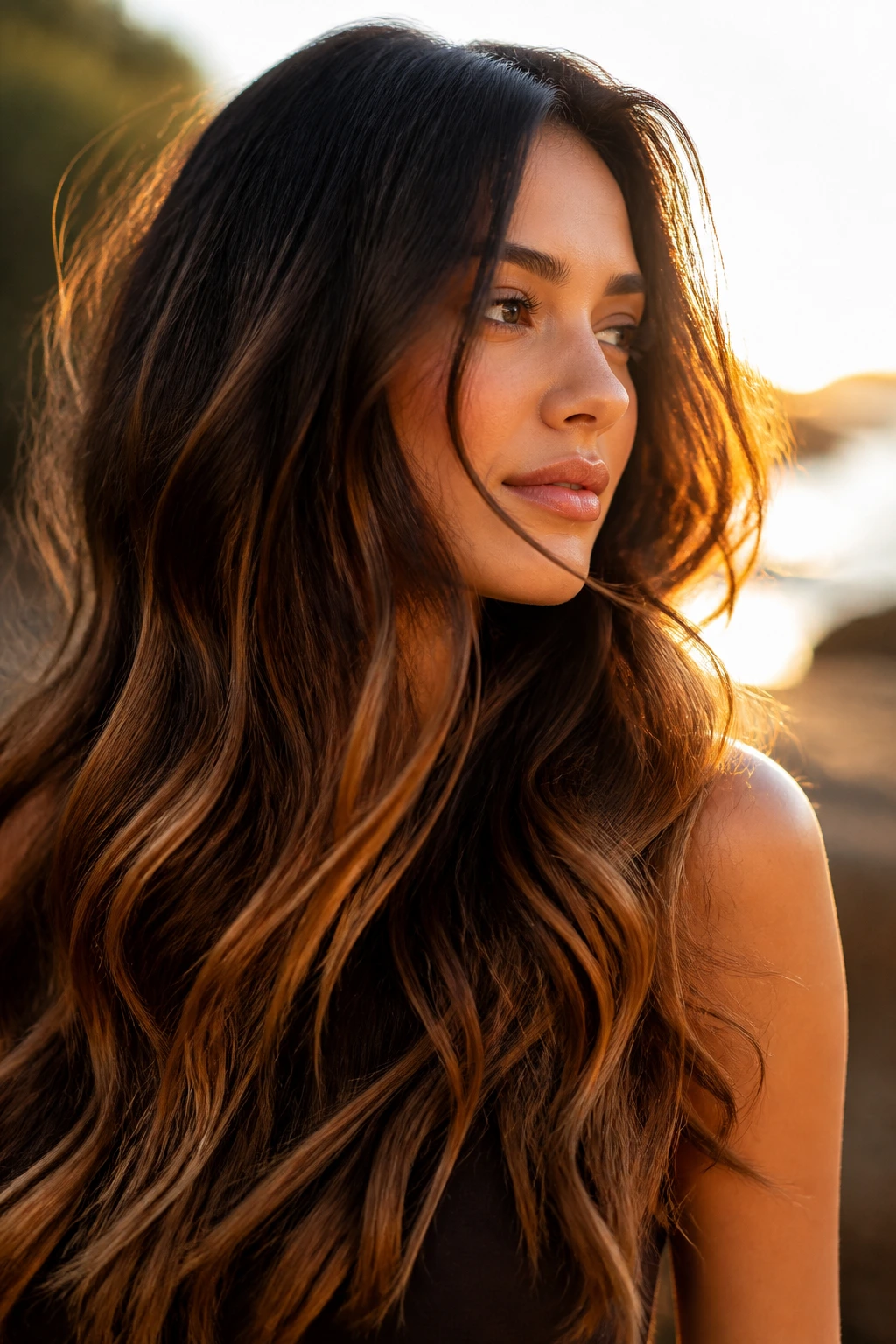 Close-up of thick hair with toffee drip balayage blending warm tones.