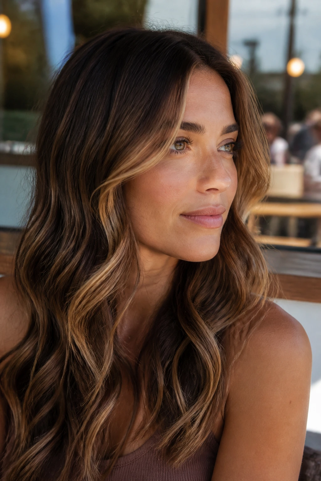 Close-up of a real woman with toffee ribbon balayage in long waves