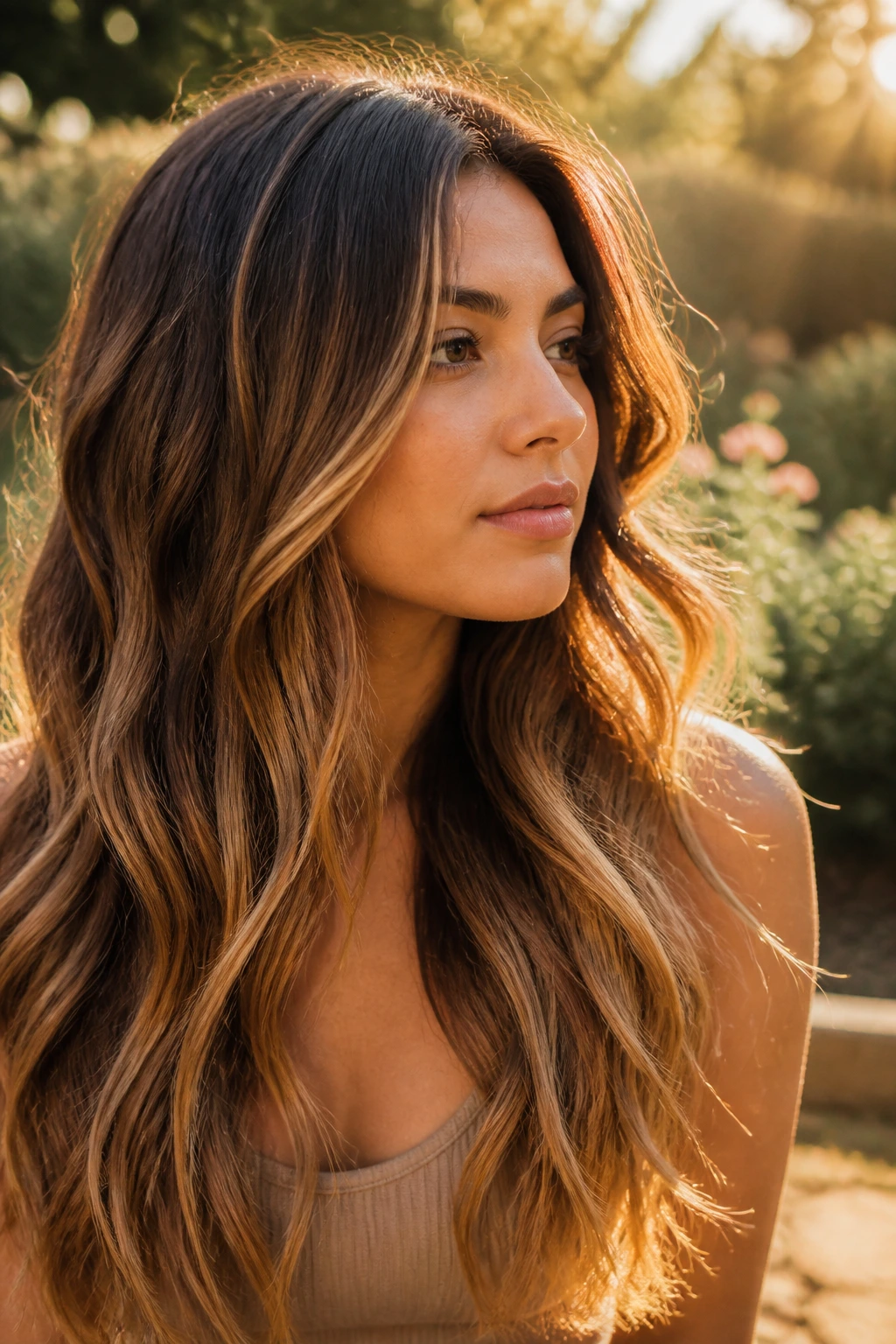 Close-up of a real woman with toffee balayage and sunlit ends in golden hour outdoor light.