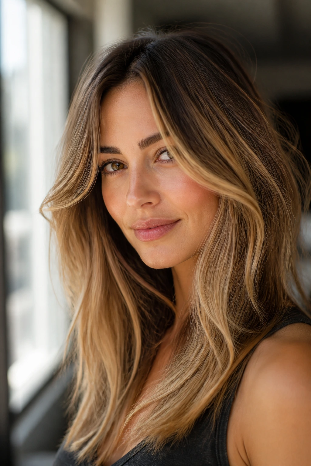 Close-up of a real woman with toffee blonde balayage in sunlit light