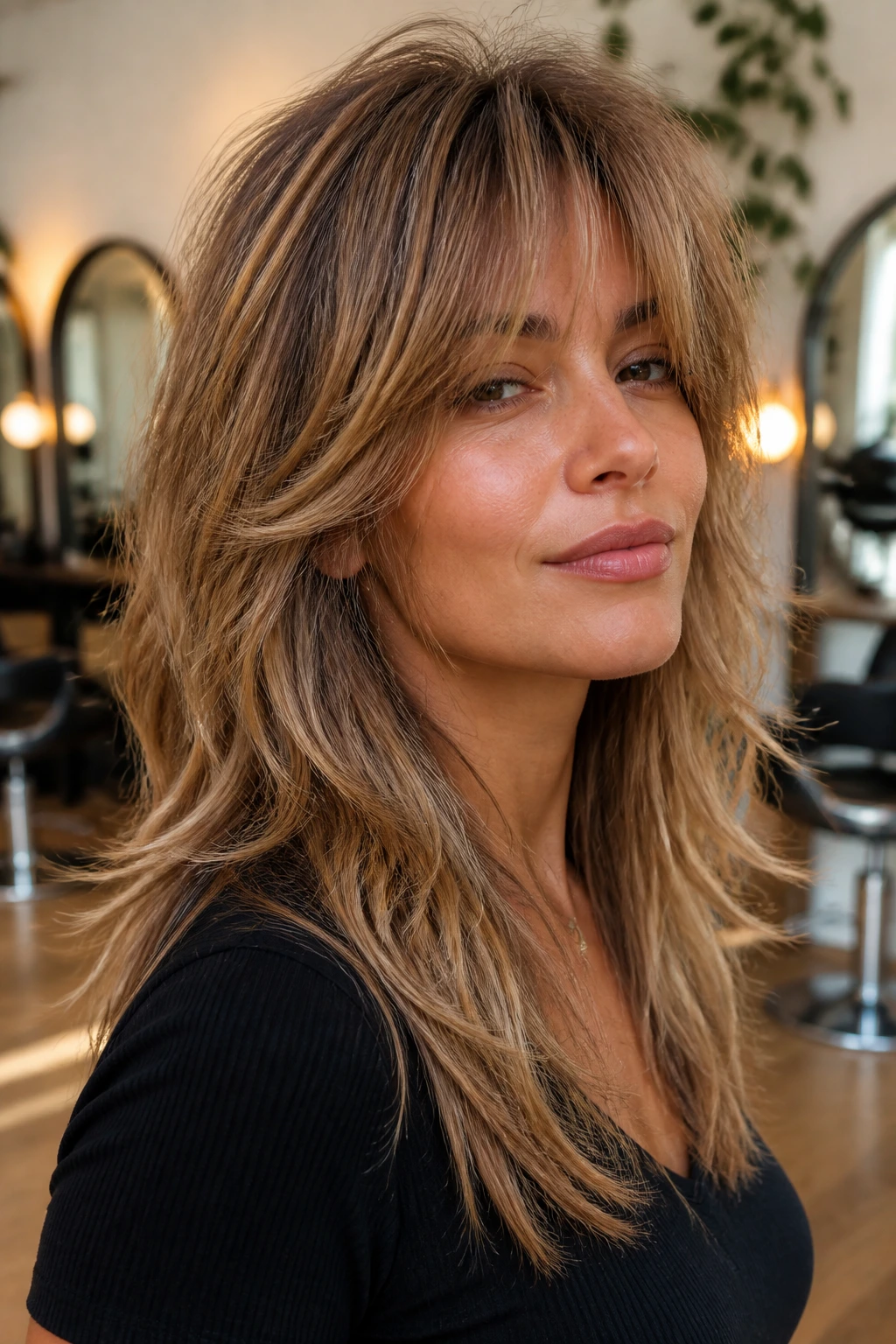 Close-up of a real woman with a toffee blonde shag in sunlit salon light.