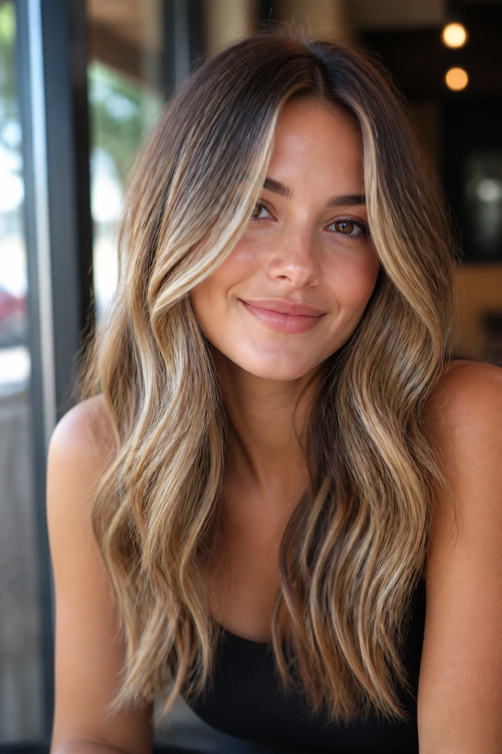 Portrait of a real woman with toffee bronde and bright face-framing strands by a sunny window