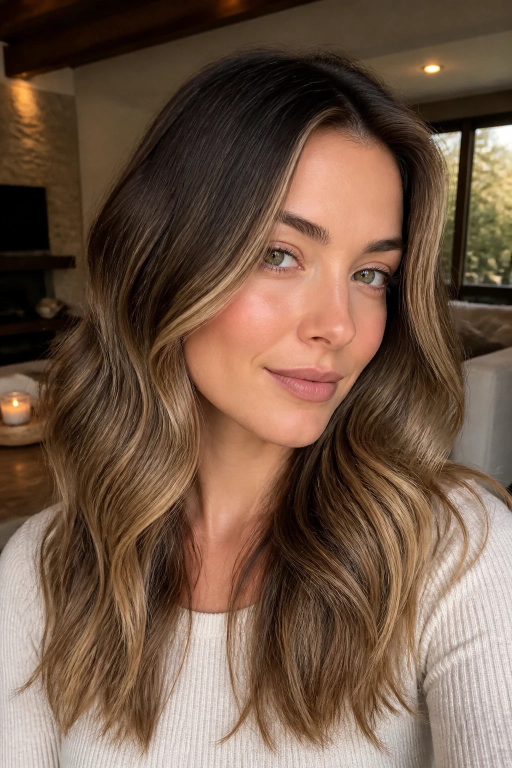 Close-up of a real person with toffee bronde melt showing brunette-to-toffee transition in warm light