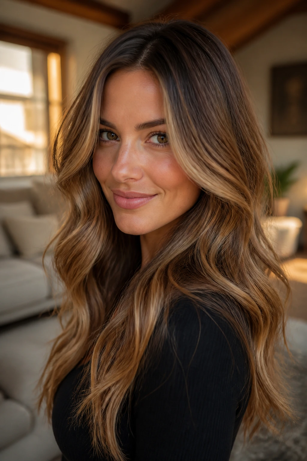 Close-up of a real woman with toffee bronde melt hair showing seamless root-to-length transition