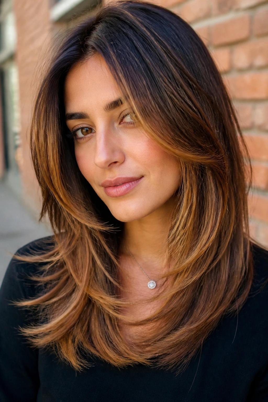 Close-up portrait of a real woman with toffee bronze layered hair in natural daylight