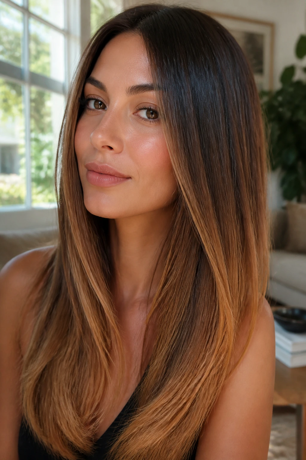 Close-up of a real woman with toffee brown ends on straight hair