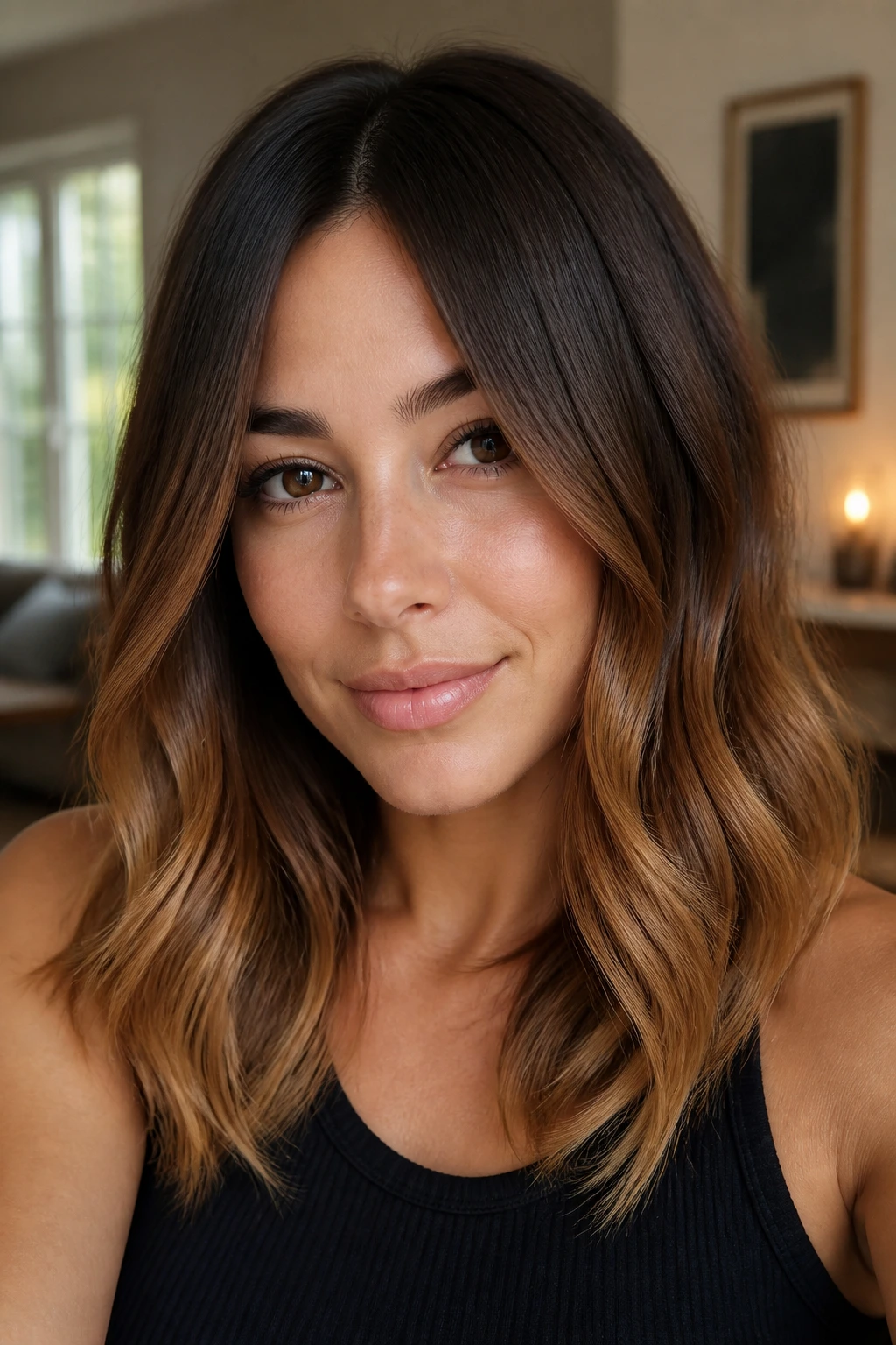 Close-up portrait of a real woman with a root-to-tip toffee brown melt on medium-length hair in warm window light