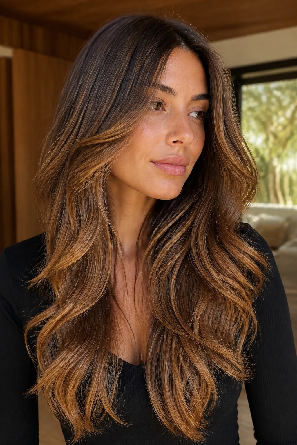 Real woman with long toffee brunette hair and soft layers