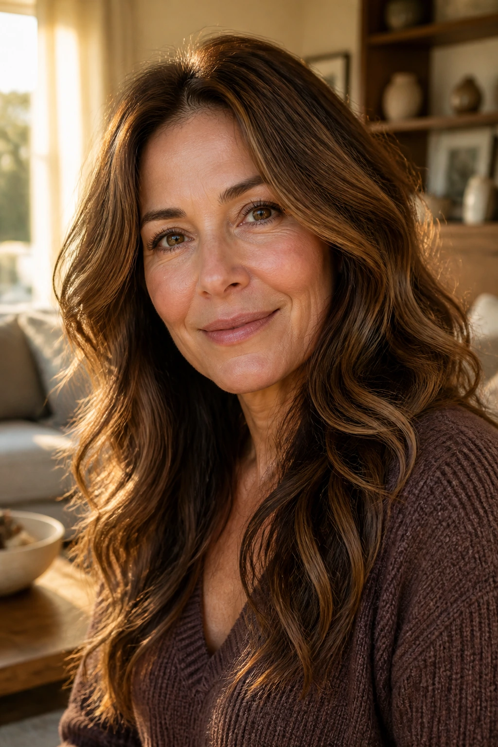Close-up portrait of an older woman with toffee chestnut brown waves.