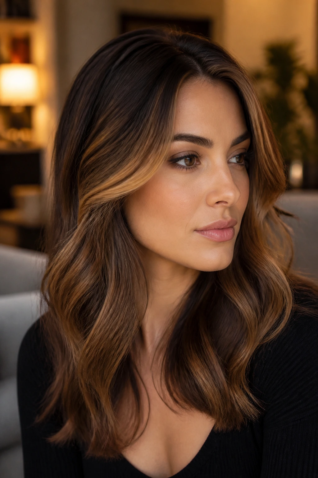 Brunette with toffee contour highlights around face