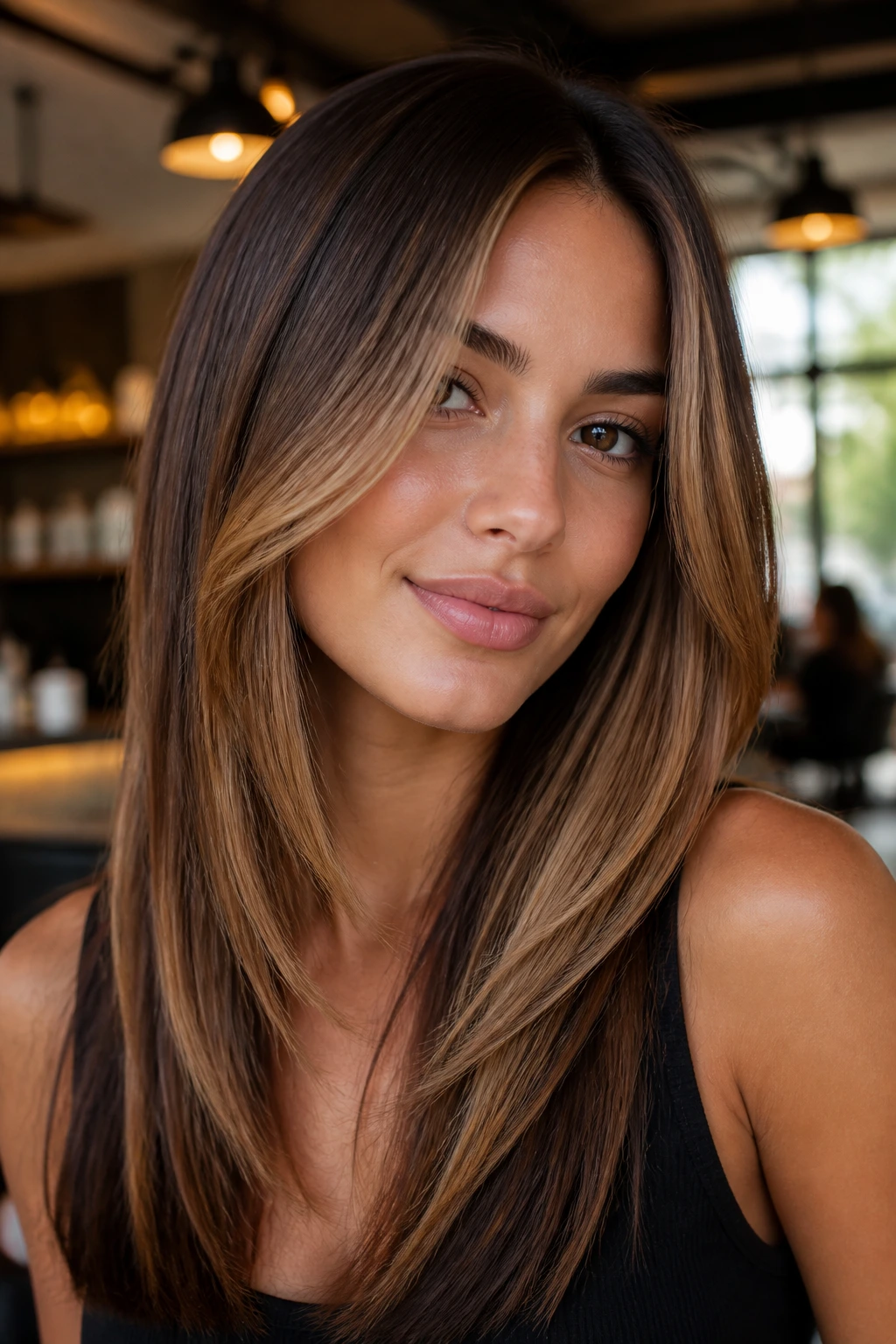 Close-up of a real woman's face-framing toffee contour layers on straight hair