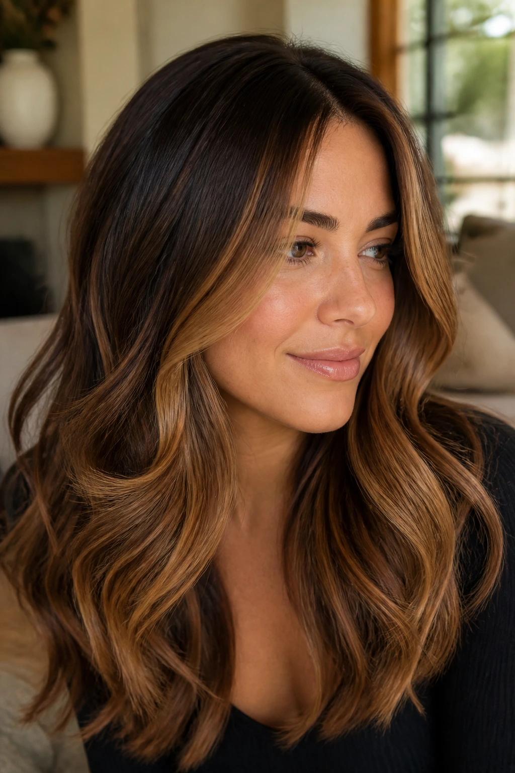 Close-up of a brunette with toffee contour layers framing the face