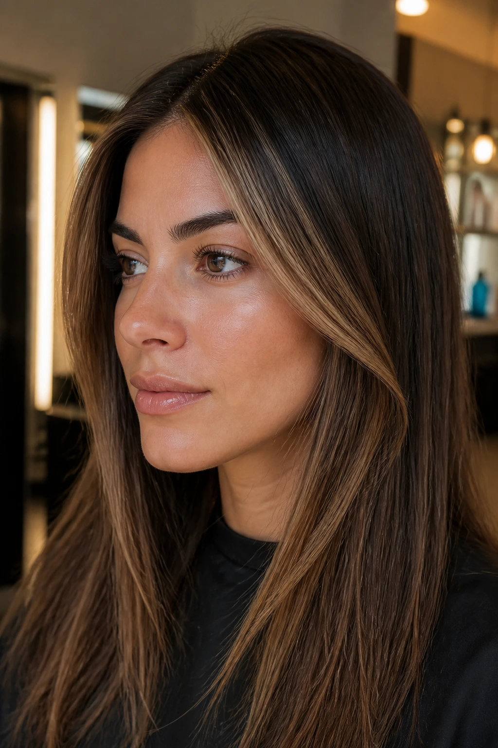 Portrait of a real person with toffee contour pieces shaping facial features on straight hair.