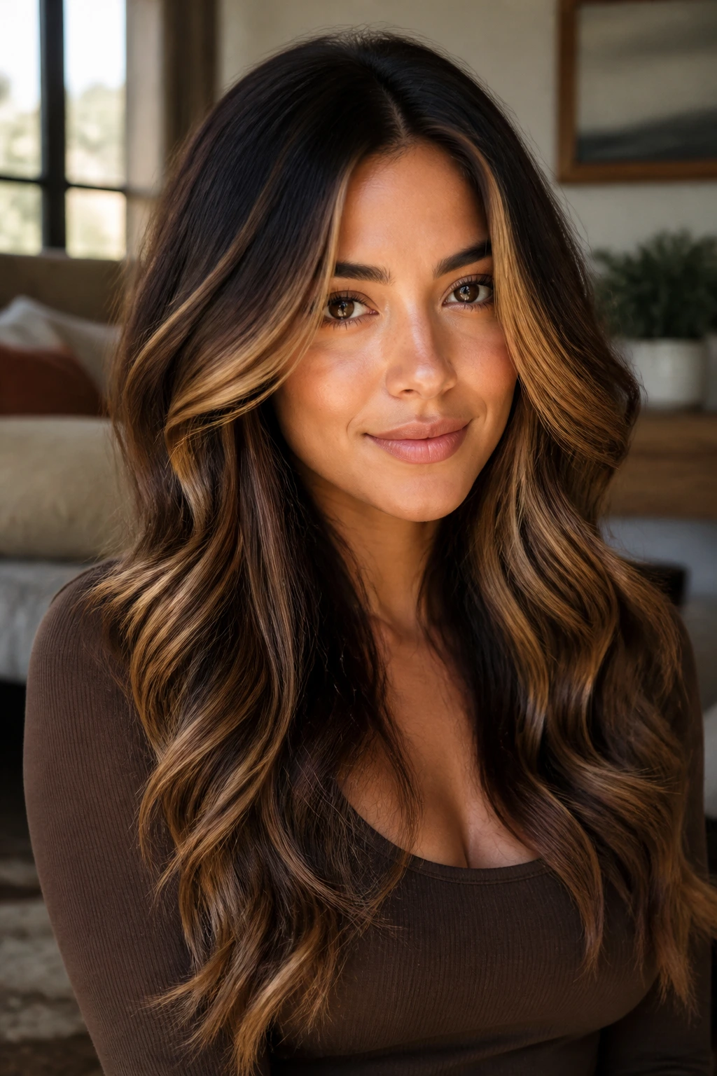 Close-up of a real woman with toffee contour waves and face-framing highlights