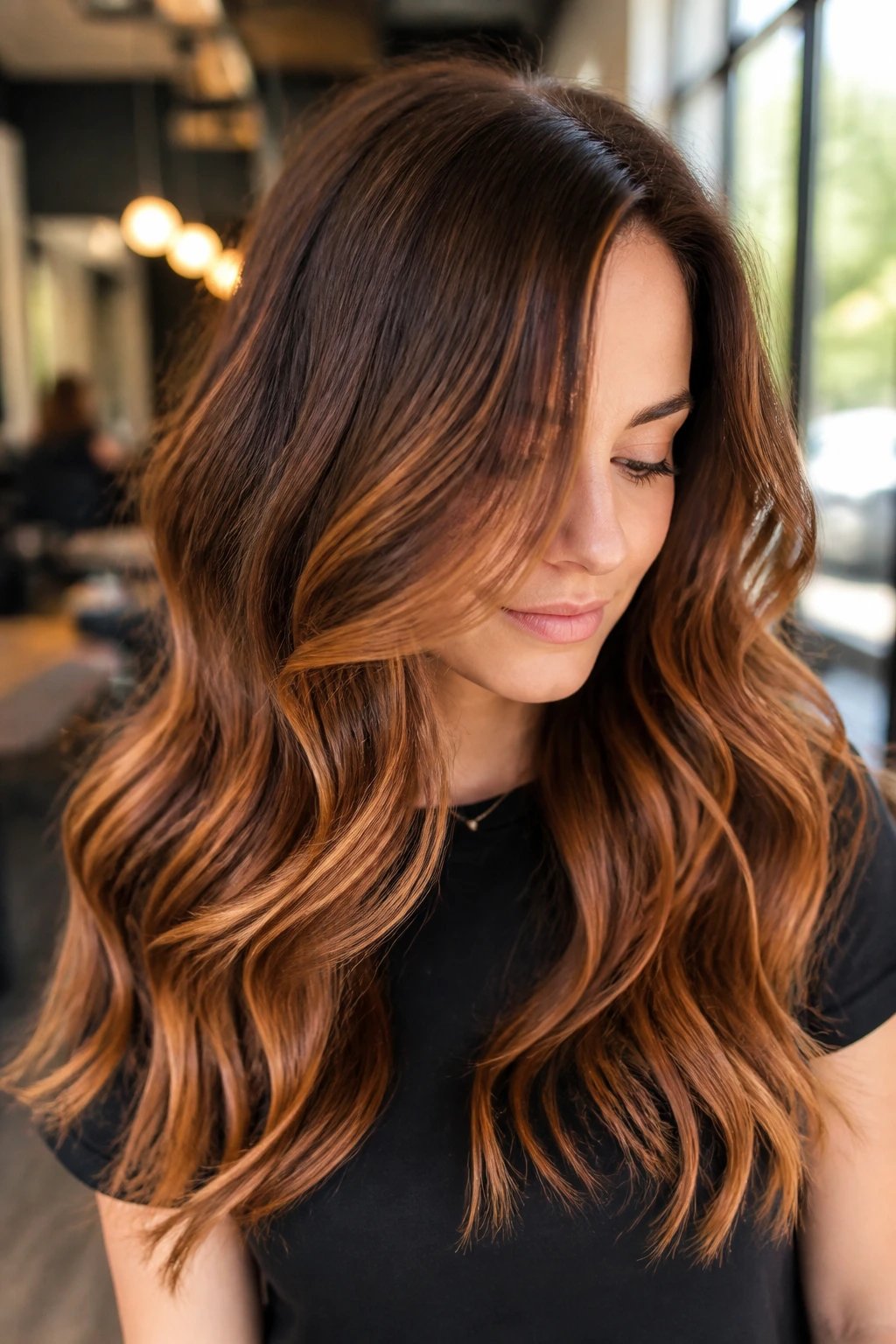 Close-up portrait of a woman with toffee copper balayage on wavy hair in warm light