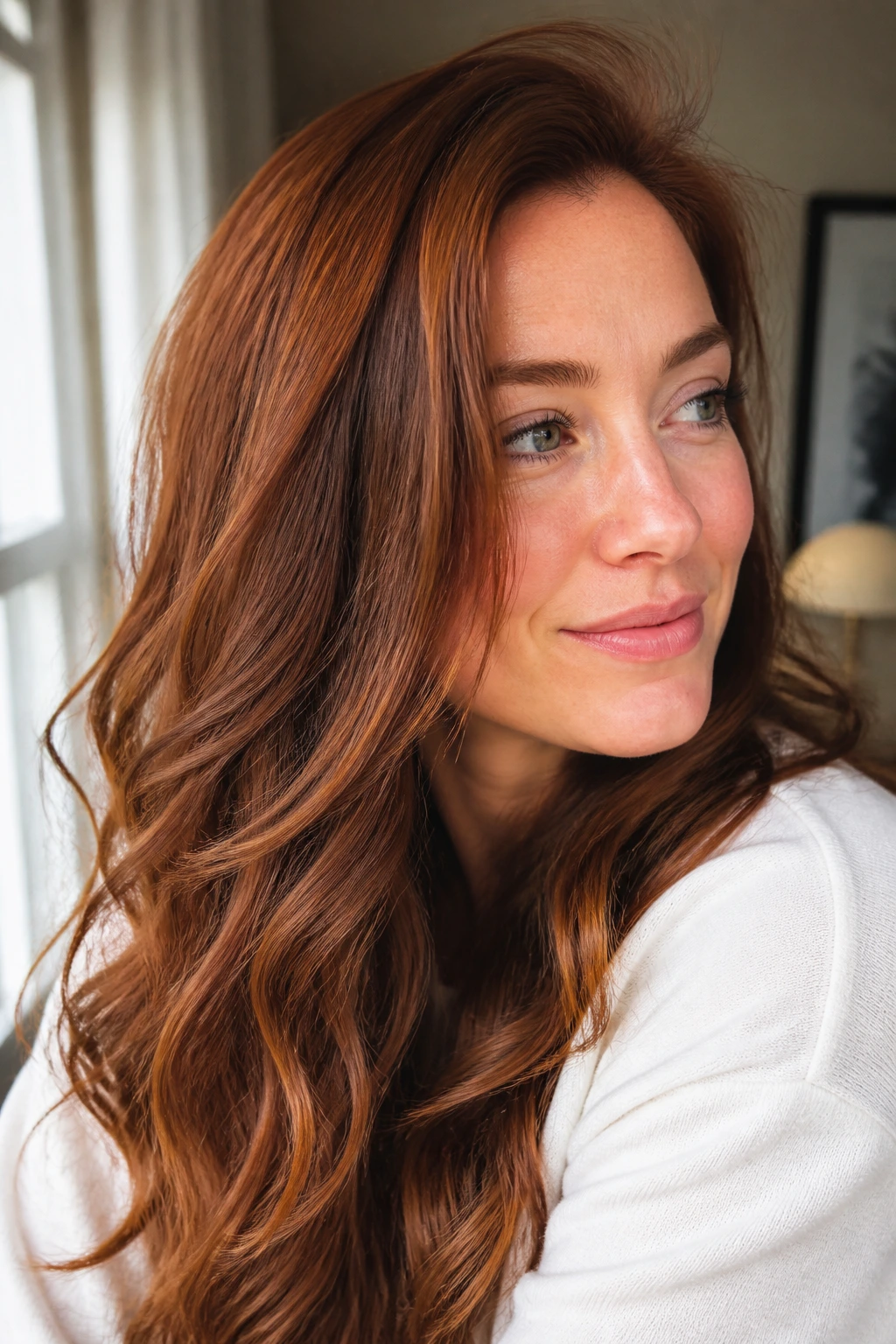 Close-up of a person with toffee copper brown hair in morning light