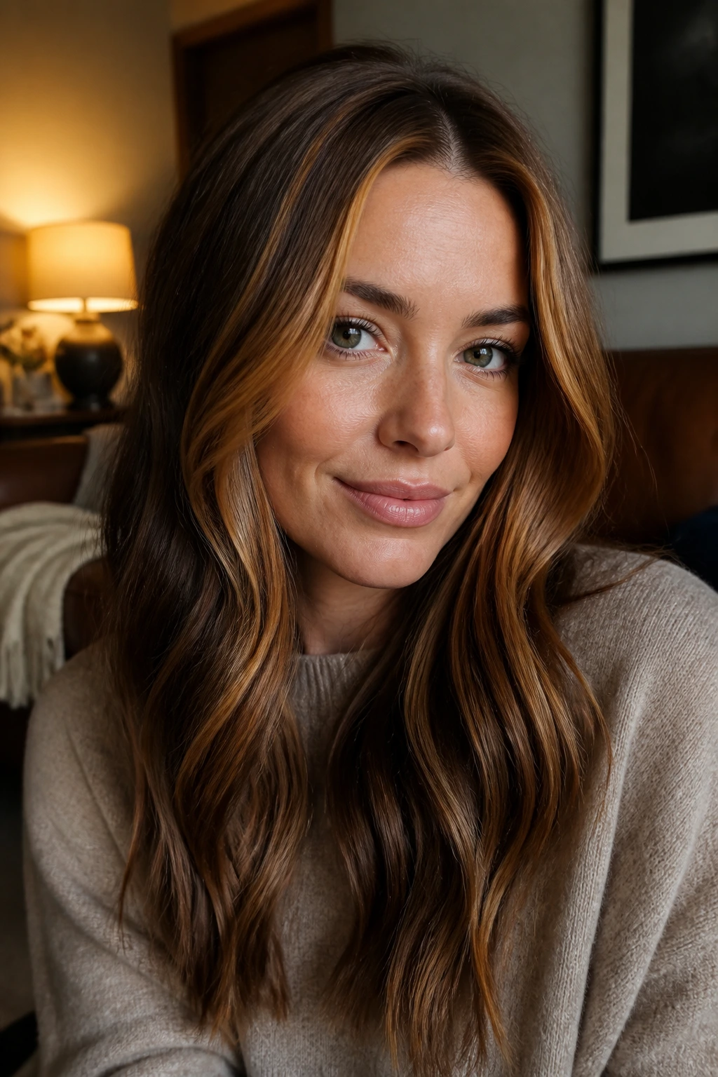 Close-up of toffee copper face-frame around cheeks on a real person