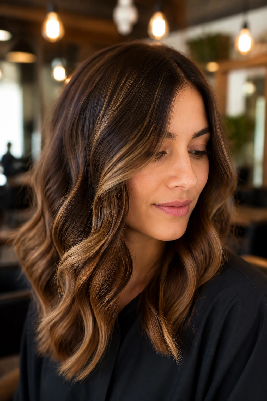 Close-up portrait of a real woman with medium brunette hair with toffee foilayage ribbons