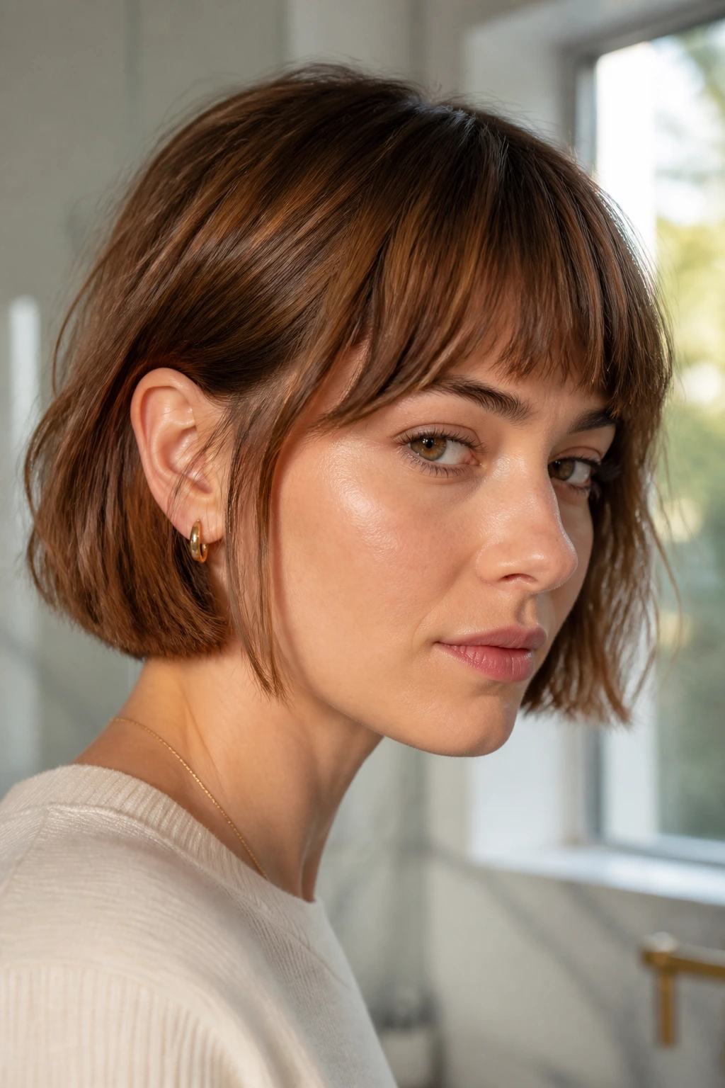 Close-up of toffee French bob with fringe behind the ear