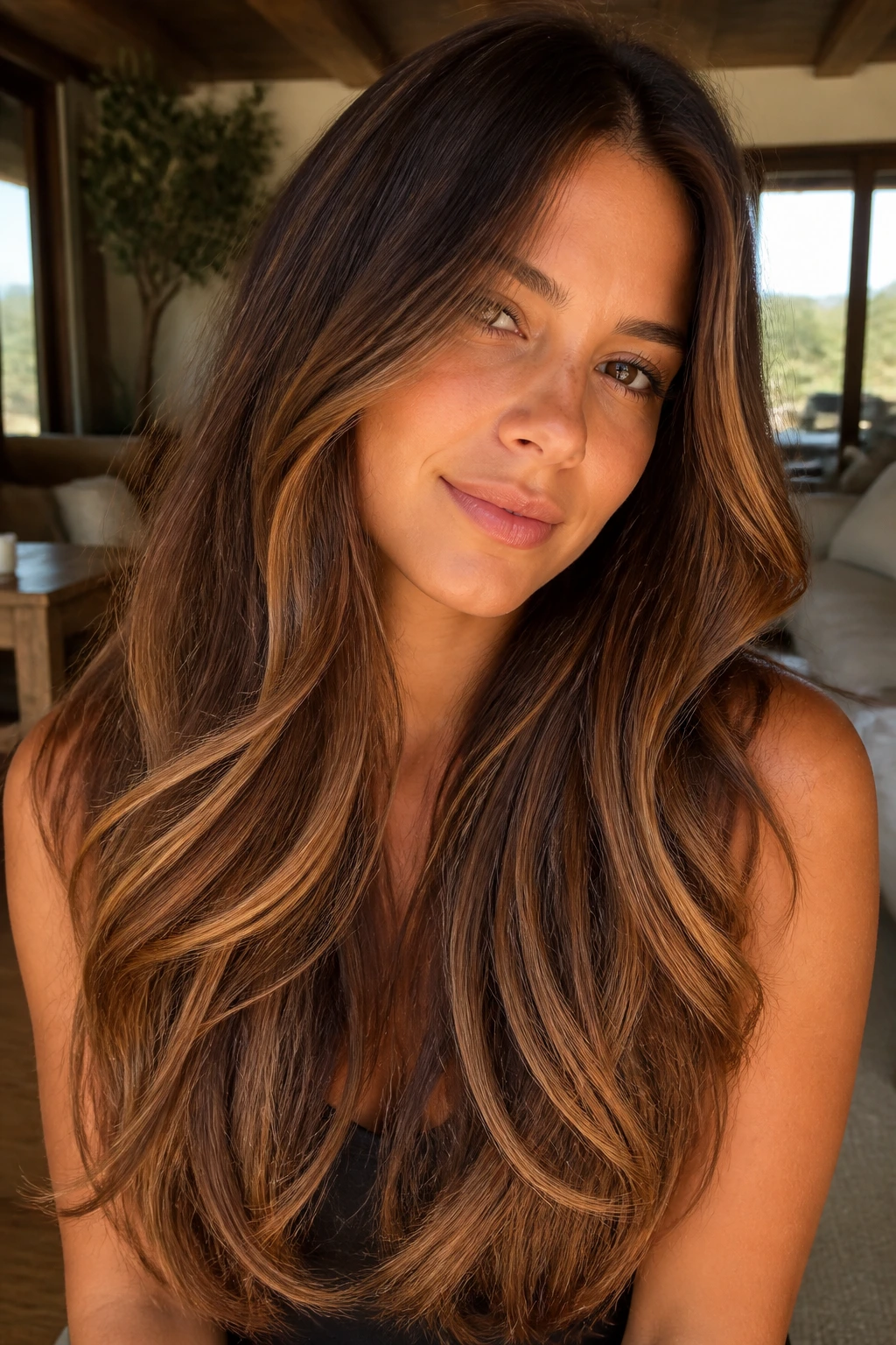 Close-up of long layered brunette with toffee glaze