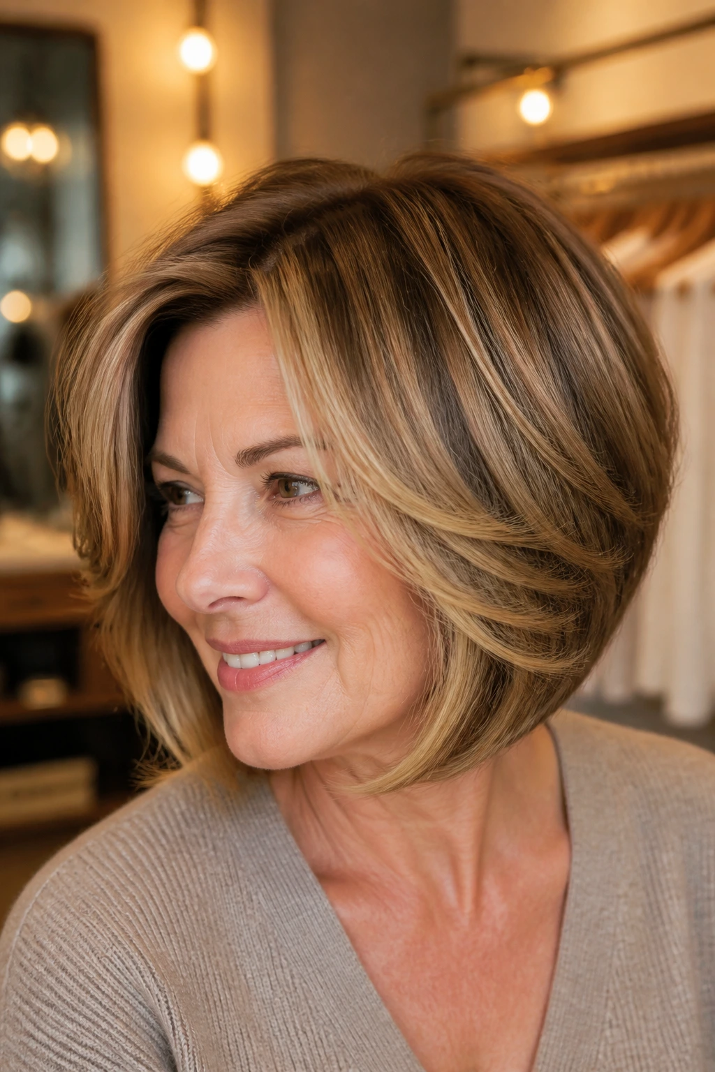 Close-up portrait of a real woman with toffee-glazed blonde hair in a warm dressing room light