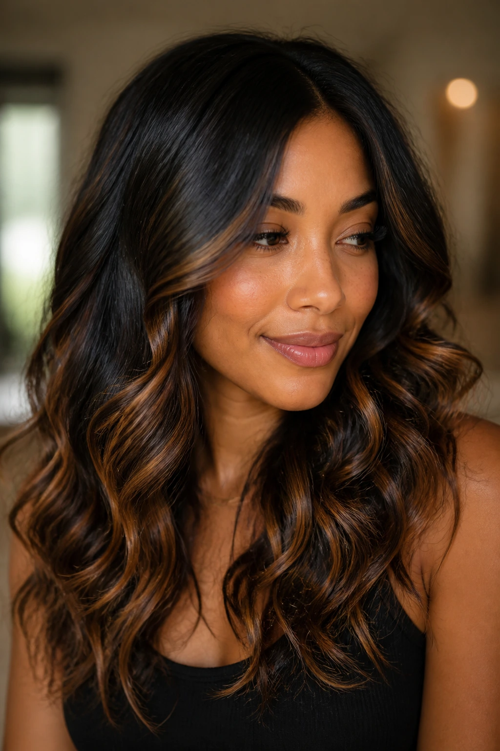Close-up of black hair with warm toffee highlights in indoor light