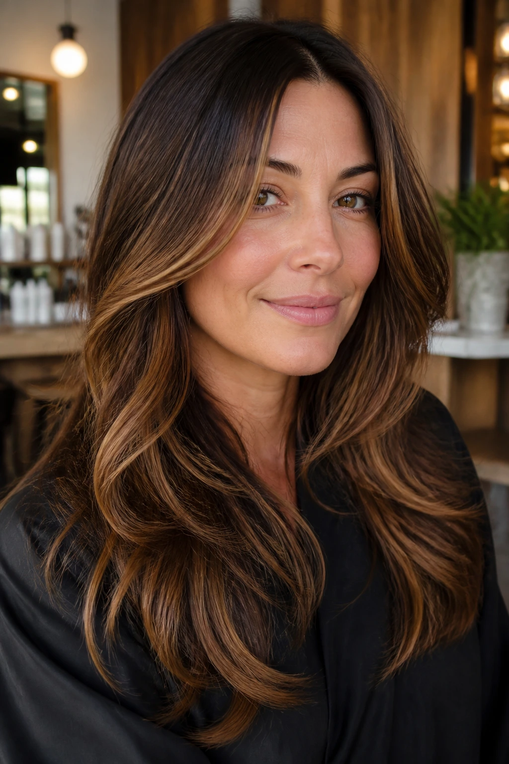 Close-up portrait of a real woman with long layered brown hair featuring toffee highlights around the face in a warm salon setting