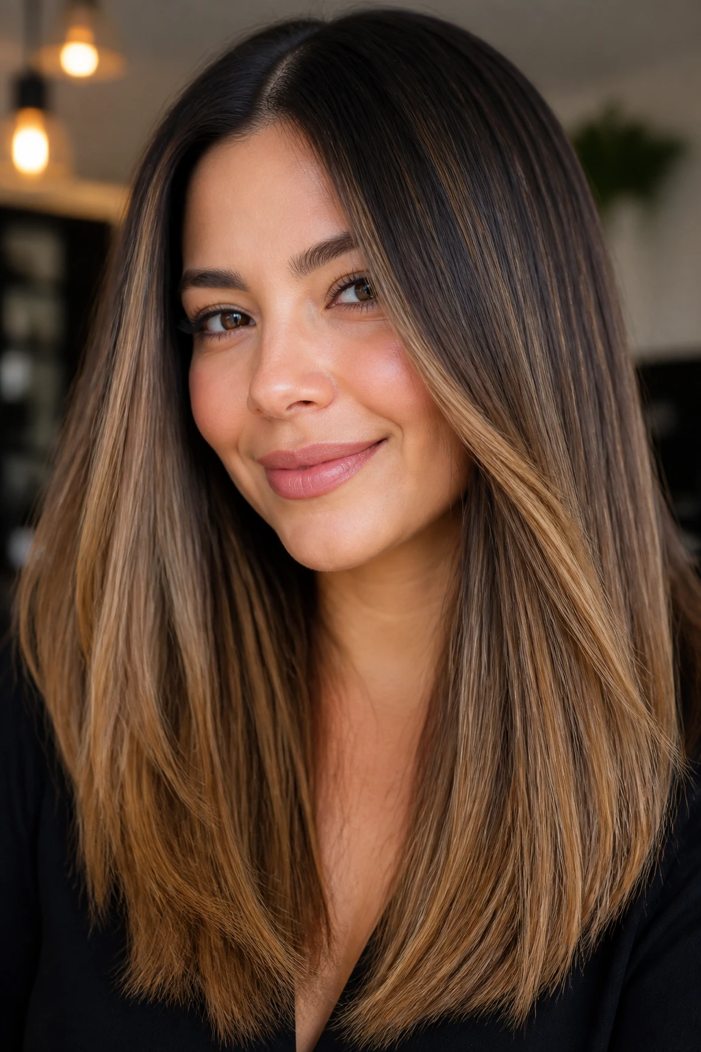 Close-up of thick straight hair with warm toffee highlights through mid-lengths