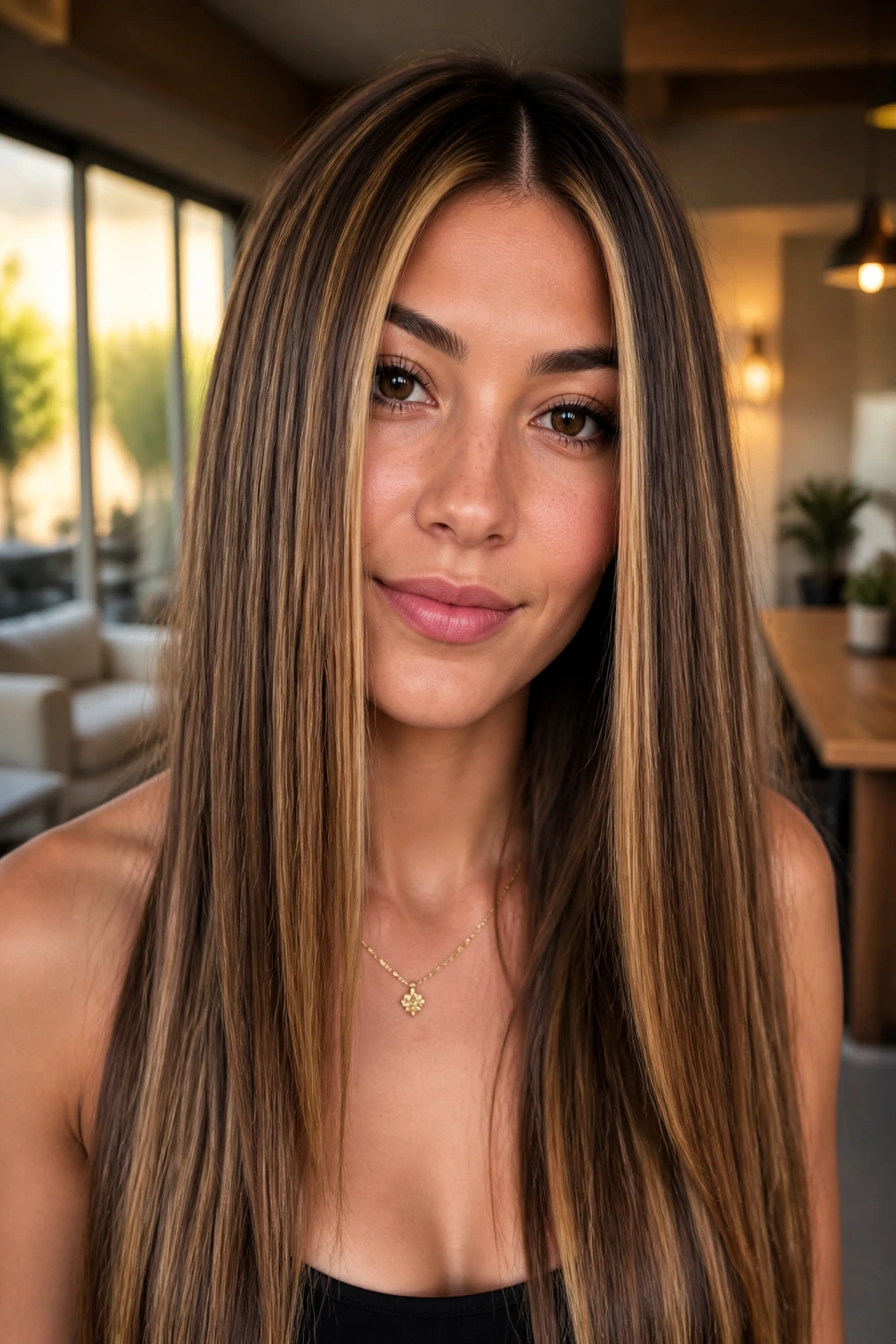 Close-up of real woman with toffee latte stripe balayage on straight hair