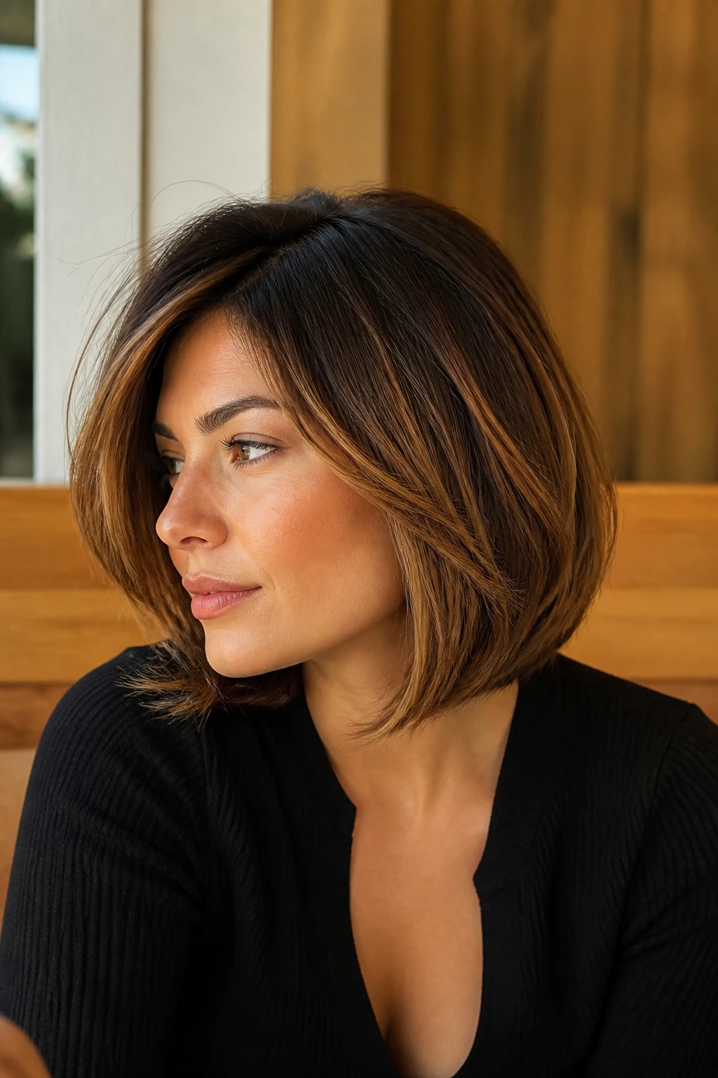 Medium close-up of a real woman with Toffee Layered Bob side part in cafe light