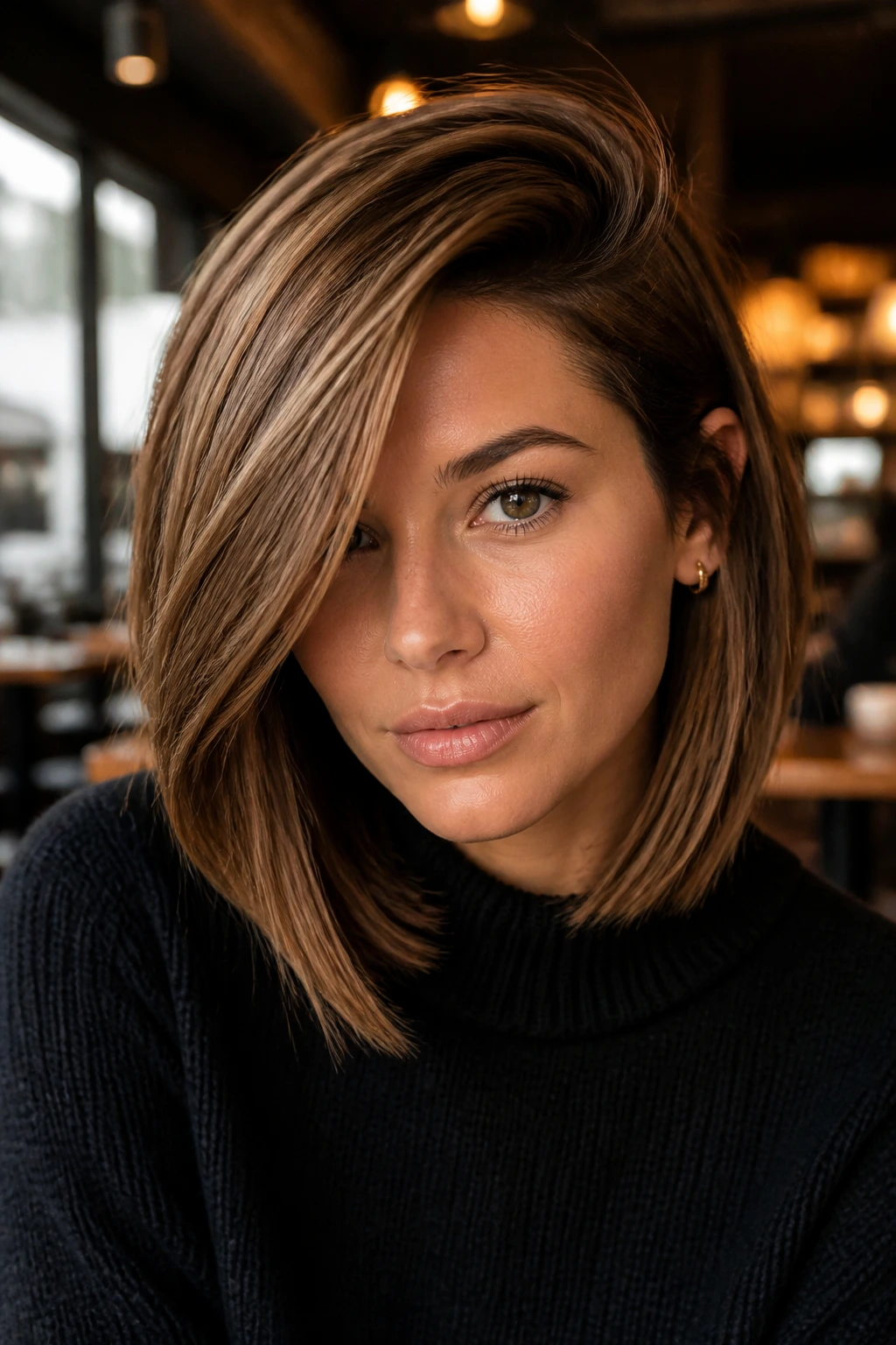 Portrait of a woman with toffee lob and deep side part